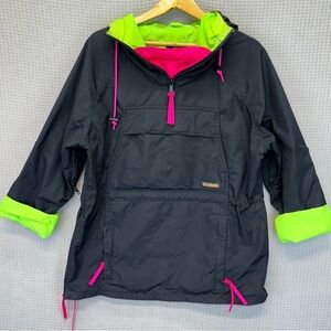 Vtg 90s Columbia Jacket Mens Med Ski Snow Black Pink Neon Hooded Pullover Nylon